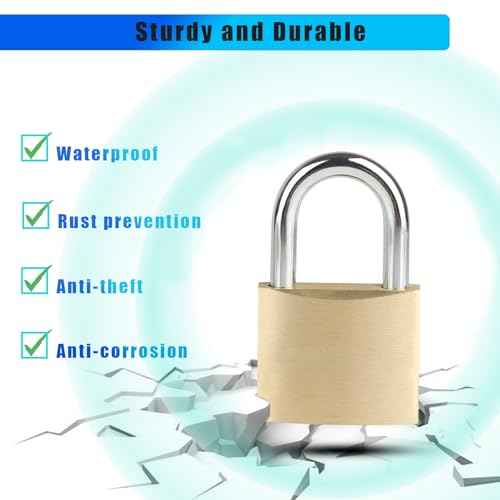 Solid Brass Padlock with 3 Keys, Locker Lock with Brass Body & Steel Shackle, Keyed Padlock for Sheds, Storage Unit, School Gym Locker, Fence, Toolbox, Gate, Warehouse