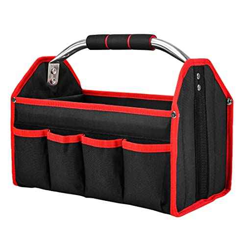 HAUTMEC 13 Inch Tool Bag, Foldable Open Top Tool Tote with Stiff Frame, 8 Pockets, Water-Resistant Molded Base & Padded Handle, Portable Electrician Tool Organizer for DIY & Jobsite Use ? TB0001
