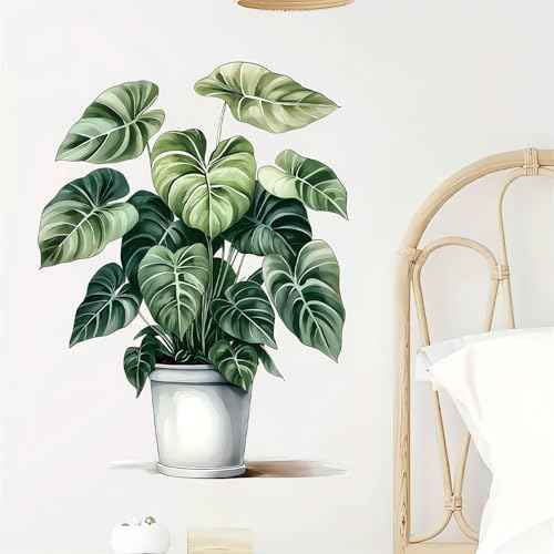 Green Plant Potted Wall Stickers, sacinora Broad-Leaved Plant Art Wall Decals Removable Vinyl Peel and Stick for Living Room Bedroom Study Room Kitchen Home Decorations
