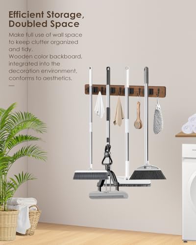AceMining 1 Pack Wall Mount Broom Holder with 4 Hooks - Brown