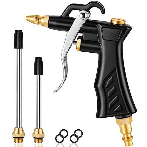 Industrial Air Blow Gun with Adjustable Brass Air Nozzle, Premium Air Blower Gun with 2 Pcs Steel Air Flow Extensions and 1/4" NPT Standard Quick Plug, Pneumatic Air Compressor Accessory Tool