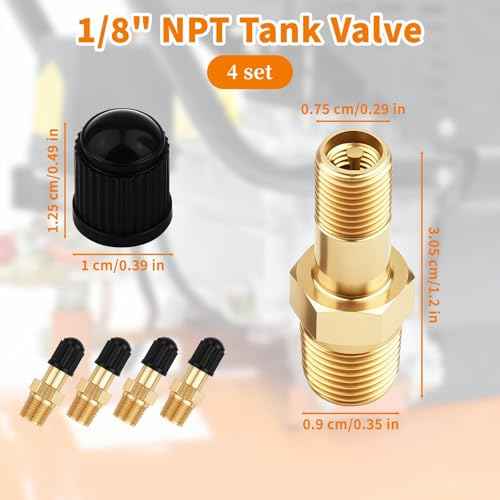 4 Set Gold 1/8 Schrader-Valve, Metal 1/8 Tank Valve, Brass Pipe with Air Compressor Tank with Sealing Caps/Anti-Corrosion Brass-NPT-Schrader-Valveing for Air Chuck, Semi Trucks Trailers