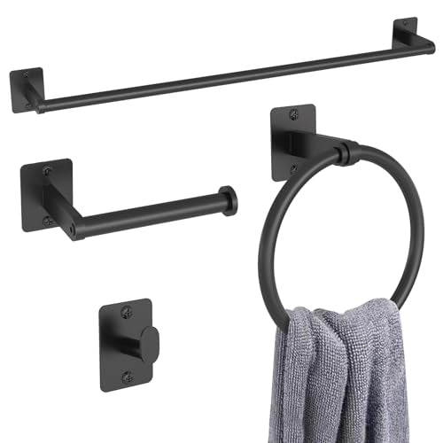 Black 24 Inch 4-Piece Bathroom Accessories Set - Towel Bar, Ring, Holder & Hook