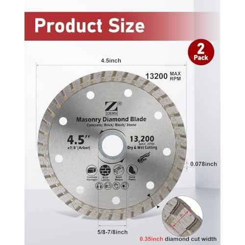 4.5 Inch Diamond Saw Blade for Angle Grinder, Turbo Rim Tile Cutting Blade for Cutting Cement, Concrete with Rebar, Stone, Granite, Pavers, Bricks and Blocks with 7/8-Inch Arbor(2 Pcs).