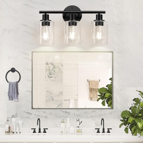 Zarbitta Matte Black 3-Light Bathroom Vanity Light Fixture with Clear Glass Shades - Reversible Mounting