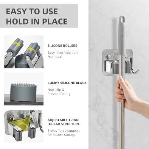 Broom Holder Wall Mount with Screws (4 Pack) Broom and Mop Organizer Wall Hanging, Anti-Slip Mop Holder Broom Hanger with Hooks, Stainless Steel Tool Rack for Garden Garage Organization
