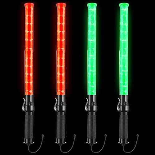 TOODOO 4 Pack Traffic Wands 21 Inch LED Traffic Control Baton Lighted Safety Wands with 2 Flashing Modes Signal Baton Light with Wrist Strap Lanyard Side Clip for Air Marshalling Car Parking Guides