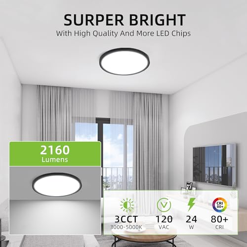 Hykolity 12 Inch Black LED Flat Panel Light with 3-Color CCT, Dimmable Ceiling Fixture