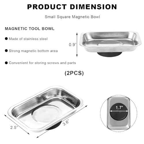 2 PCS Magnetic Tray Holders, 2.5"¡¿3.6" Stainless Steel Square Magnetic Parts Tray Set, Heavy Duty Thickened Tray Bowl for Screws Bolts Nuts Metal Parts, Magnetic Tray for Mechanic's
