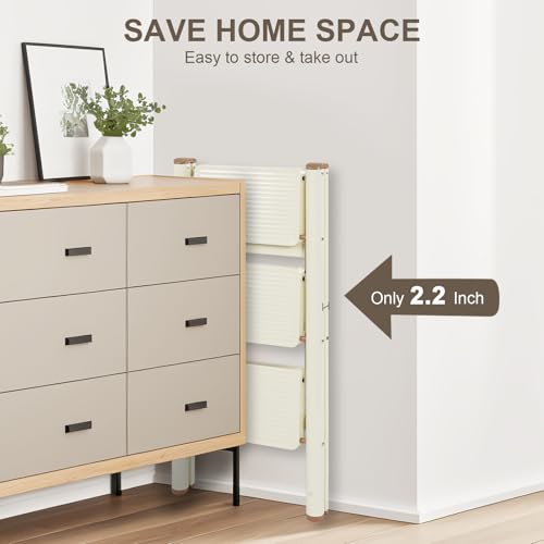 Valeo Cream White 3-Step Foldable Ladder with Wide Anti-Slip Pedals, Supports 330 LBS