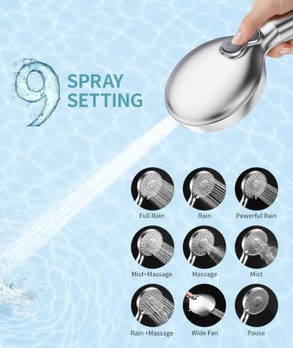 SR SUN RISE Bright Silver Filtered Handheld Shower Head with 9 Spray Modes + 1 Replacement Filter