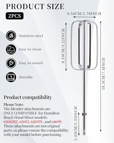 2 Pcs Hamilton Beach Hand Mixer Beater Attachments 7.88in Square Silver Replacement Parts
