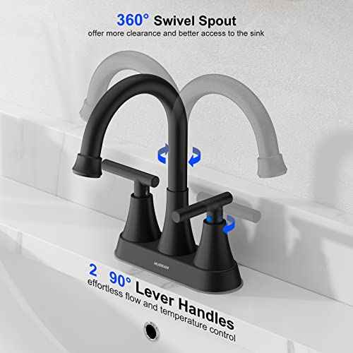 Bathroom Faucets for Sink 3 Hole, Hurran 4 inch Matte Black with Pop-up Drain and 2 Supply Hoses, Stainless Steel Lead-Free 2-Handle Centerset Faucet for Sink Vanity