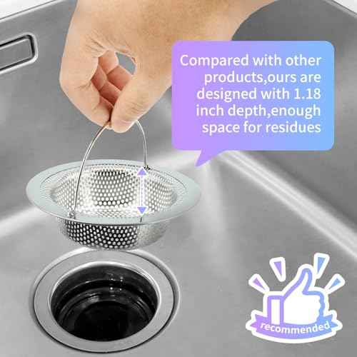 2 Pack Kitchen Sink Drain Strainer with Handle, Stainless Steel Large Kitchen Sink Drain Basket Food Catcher, 4.5 inch Diameter, Rust Free