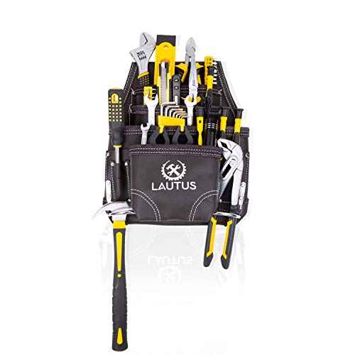 LAUTUS Oil Tanned Leather Tool Pouch Bag | Carpenter, Construction, Framers, Handyman | 10 Pockets, 2 Hammer Holders | 100% Leather Dark Brown