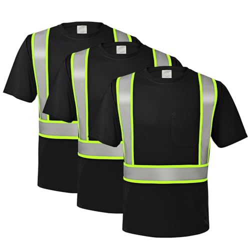 wefeyuv 3PCS-High Visibility Shirts Quick Dry Safety T Shirts with Pocket and 3 Reflective Strips Short Sleeve Mesh Hi Vis Construction Work Class 2 Shirt for Men/Women, Black L