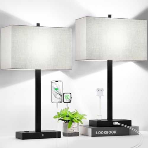 Lynnoland Set of 2 Gray Linen & Matte Black Touch Control Bedside Lamps with USB & AC Outlets, Dimmable for Bedroom & Living Room