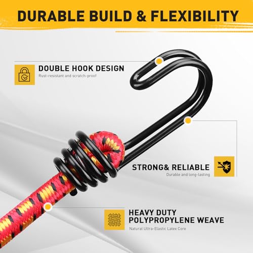 ELEAD 18" Red Heavy Duty Bungee Cords with Hooks - 10 Pack for Camping, Kayaking, Garage