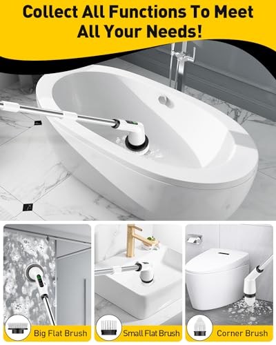 Electric Spin Scrubber for Bathroom with 3 Brush Heads & Long Handle - Cordless Shower Cleaner