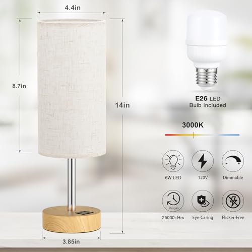 Dicoool Cream & Wooden 14-Inch Bedside Table Lamp with Touch Control & 3-Way Dimmable USB Charging