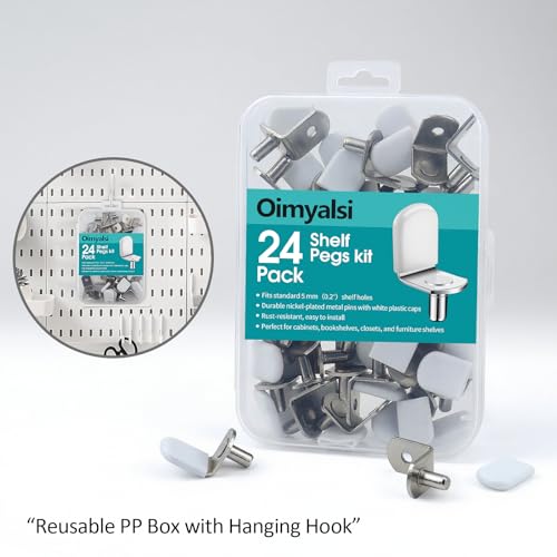 Oimyalsi 5mm Shelf Pegs Pack of 24 with Storage Box - L-Shaped Metal Pins with Anti-Slip Caps for Kitchen, Pantry, Bookcase, Medicine Cabinet & Glass Shelves
