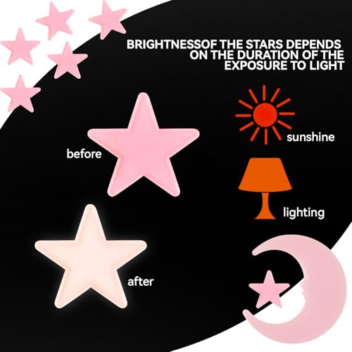 Pink Glow in The Dark Star and Moon Wall Stickers - 100 Luminous Plastic Ceiling Decor
