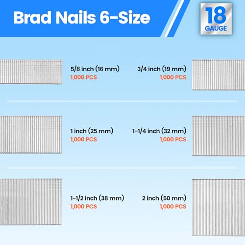 Meite 18-Gauge Brad Nails 6-Size Pack (6,000 Pcs) for Nailers and DIY Projects