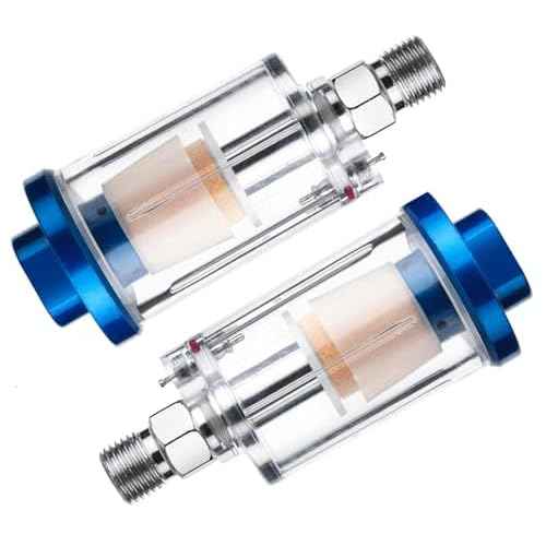 Inline Air Compressor Moisture Separator Filter,For Air Line Compressor Fitting, Clear Glass with Blue Aluminum Cap, 1/4 Inch NPT Connection, 2 Pack