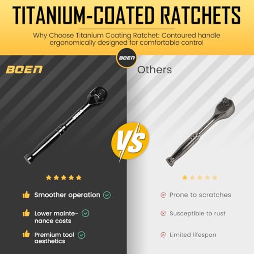 boen 1/4-Inch Drive Ratchet Wrench, Quick-Release Reversible Ratchet Wrench, Titanium Alloy Coating, High-Precision Durable Design