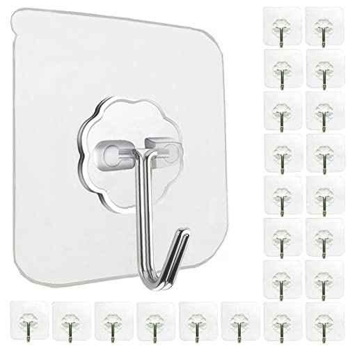 24 Pack Heavy Duty Self Adhesive Hooks - 33lb Max, Transparent, Waterproof, Sticky Wall Hooks for Keys, Bathroom, Shower, Outdoor, Kitchen, Door, Home Improvement, Utility