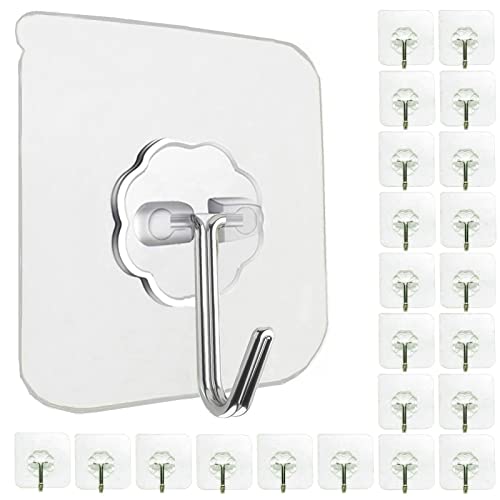 24 Pack Heavy Duty Clear Adhesive Wall Hooks - 33lb Load Capacity