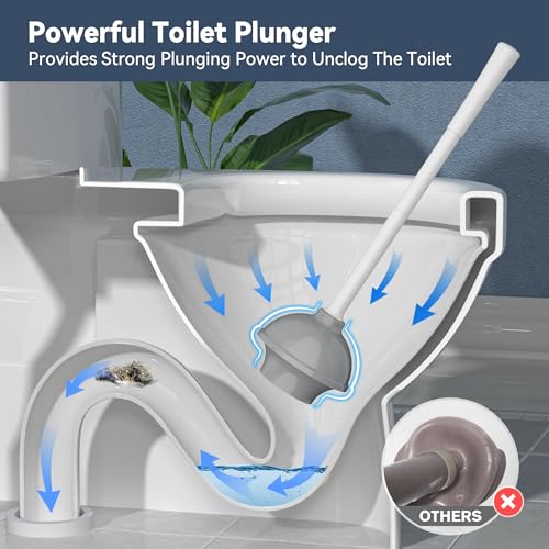 TRENTI White Toilet Plunger with Holder - Heavy Duty 5.3-Inch Drain Cleaner, Foldable Rubber Design, 19.5-Inch Ergonomic Handle, Drip-Free Bathroom Tool - Variation 1