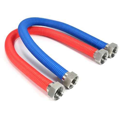 48Inch Flexible Stainless Steel Corrugated Water Heater Connector,3/4"FIP x 3/4"FIP,Flexible Water Heater Hose,Hot and Cold Color Code,304 Stainless Steel Connector and Pipe,PE Protective Layer2Pack