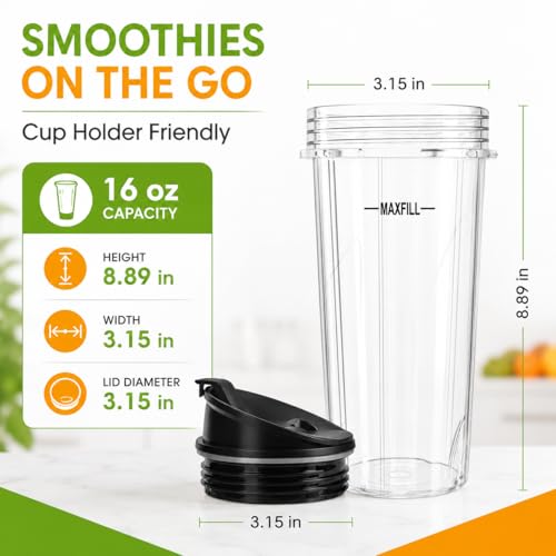 16 oz Ninja Blender Cups Replacement 3 Pack with Lids for QB3001SS, BL660, BL770, BL780, BL740 - 4-Tab 16oz