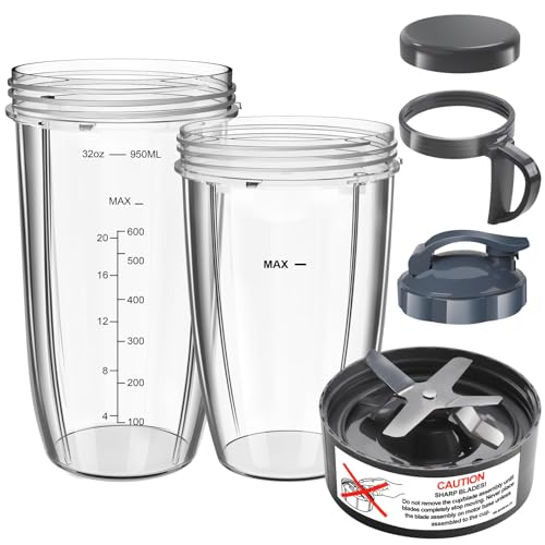 Nutribullet Replacement Cups & Lids - 32oz & 24oz with To-Go Lid & Lip Ring (6 pcs) for 600W & Pro 900W