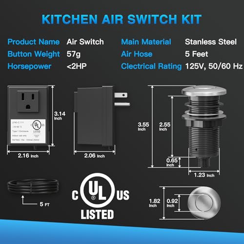 AINIAILU Brushed Stainless Steel 3.6-Inch Garbage Disposal Air Switch Kit Sink Top Button UL Listed