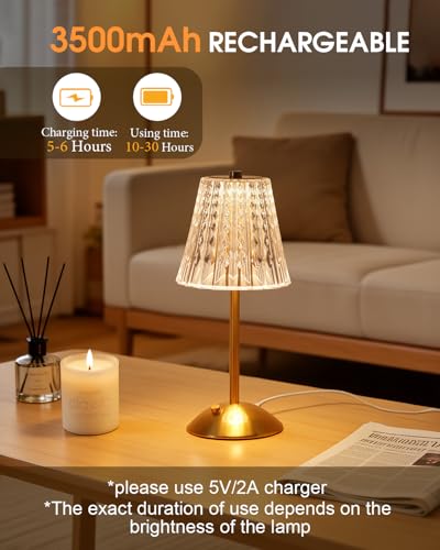 Gold Cordless Touch Table Lamp - Rechargeable Crystal Desk Light, Modern Accent Lighting