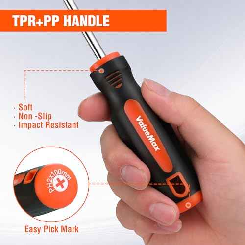 ValueMax 6-Piece Magnetic Screwdriver Set, 3 Phillips and 3 Flat Tip Screwdrivers, Non-slip Handle Screw Driver Set Kit