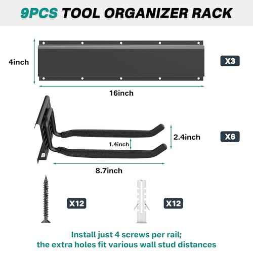 EVERHANGER Garage Tool Storage Organizer, Wall Mount Garden Tool Rack Organization, Heavy Duty Folding Chair Hangers with 6 Adjustable Hooks, Max Load 450lb, 48inch