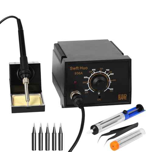 Soldering Iron Station, 936A 60W Soldering Station Kits with 5 Soldering Round Tips, Solder Wire, Tweezers, Desoldering Pump and Rework Station Kit for Electronics (Black)
