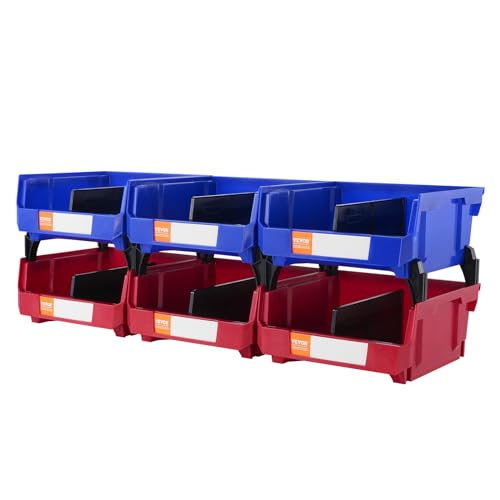 VEVOR 6-Pack Plastic Storage Bins with Dividers, 11 x 11 x 5 in, Red & Blue