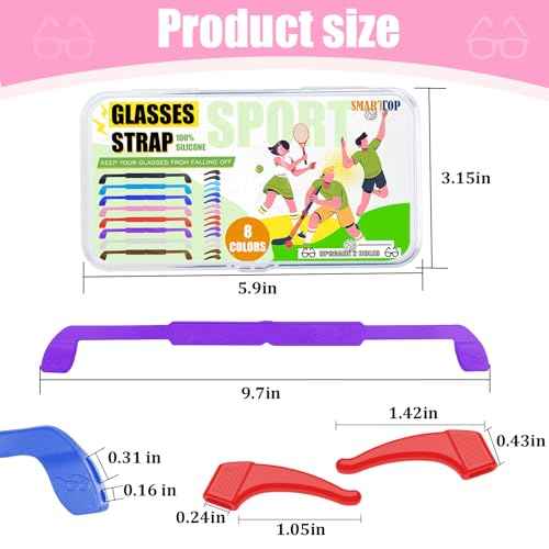 Kids Glasses Strap with Storage Box, 8 Pack Eyeglass Sunglasses String Strap Holder Eyewear Retainer, Silicone Elastic Sports Toddlers Glasses Strap with Ear Grips 8 Colors