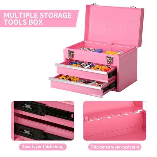 14 Inch Steel Portable Tool Box with drawers - Tool Storage Box Organizer with Metal Latch Closur - Powder Coated Toolbox Chest for Tools Storage Cabinet (PINK)