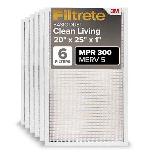 Filtrete 20x25x1 AC Furnace Air Filter, MERV 5, MPR 300, Capture Unwanted Particles, 3-Month Pleated 1-Inch Electrostatic Air Cleaning Filter, 6-Pack (Actual Size 19.69x24.69x0.81 in)