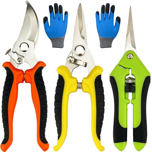 Lengnoyp 4 Pack Garden Pruning Shears with Gloves - Stainless Steel Handheld Clippers