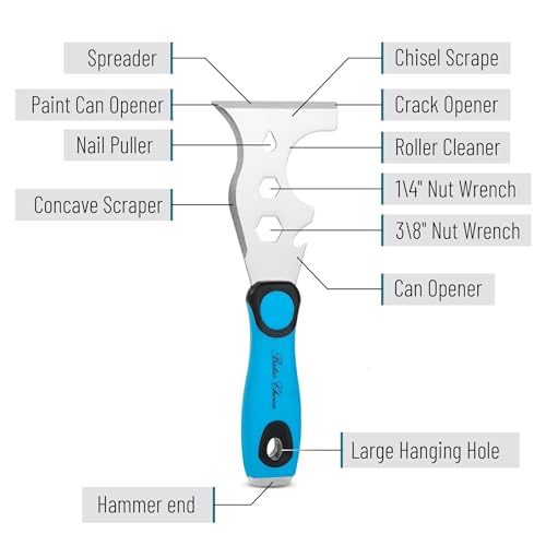 Bates- Paint Scraper, 13 in 1, Painters Tool, Rubber Handle, Paint Scrapers for Wood with Metal Hammer End, Painters Tool, Painters Knife, Paint Scraper for Painting, Putty Knife, Metal Scraper