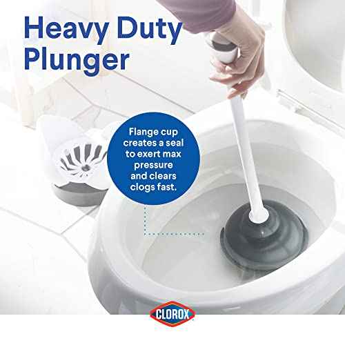Clorox Toilet Plunger with Hideaway Holder Caddy Heavy-Duty Compact Design with Non-Skid Rubber Base for Bathroom Convenient Storage Toilet Unclogger, 6.5x19.5-Inch, White