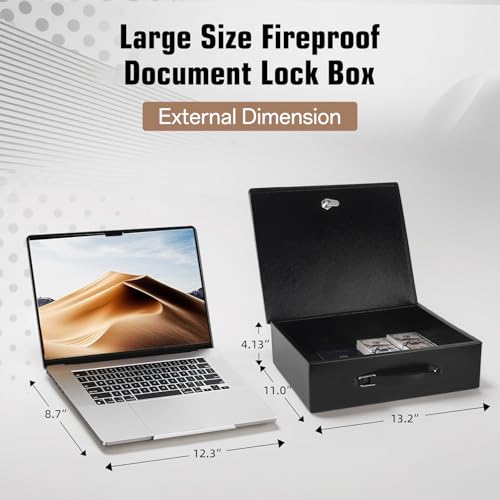 Crinwaki XL Fireproof Document Safe Box with Key Lock - Portable Black Safe for Home & Office