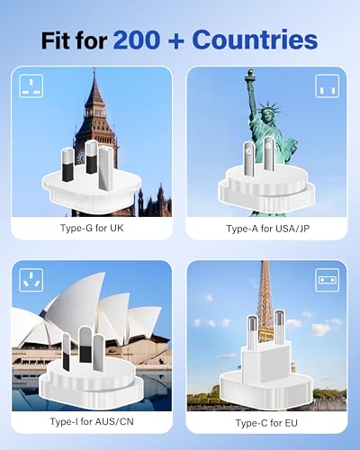 VASAIKO White Travel Voltage Converter US to Europe with 2 USB-C & 2 USB-A Ports, UK/AU/US/IT/European Plugs