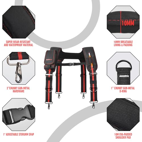 Heavy Duty Tool Belt Suspenders ? Adjustable X-Back Padded Shoulder Harness with Universal Hooks ? Tactical Work Suspenders for Electricians, Carpenters, Construction